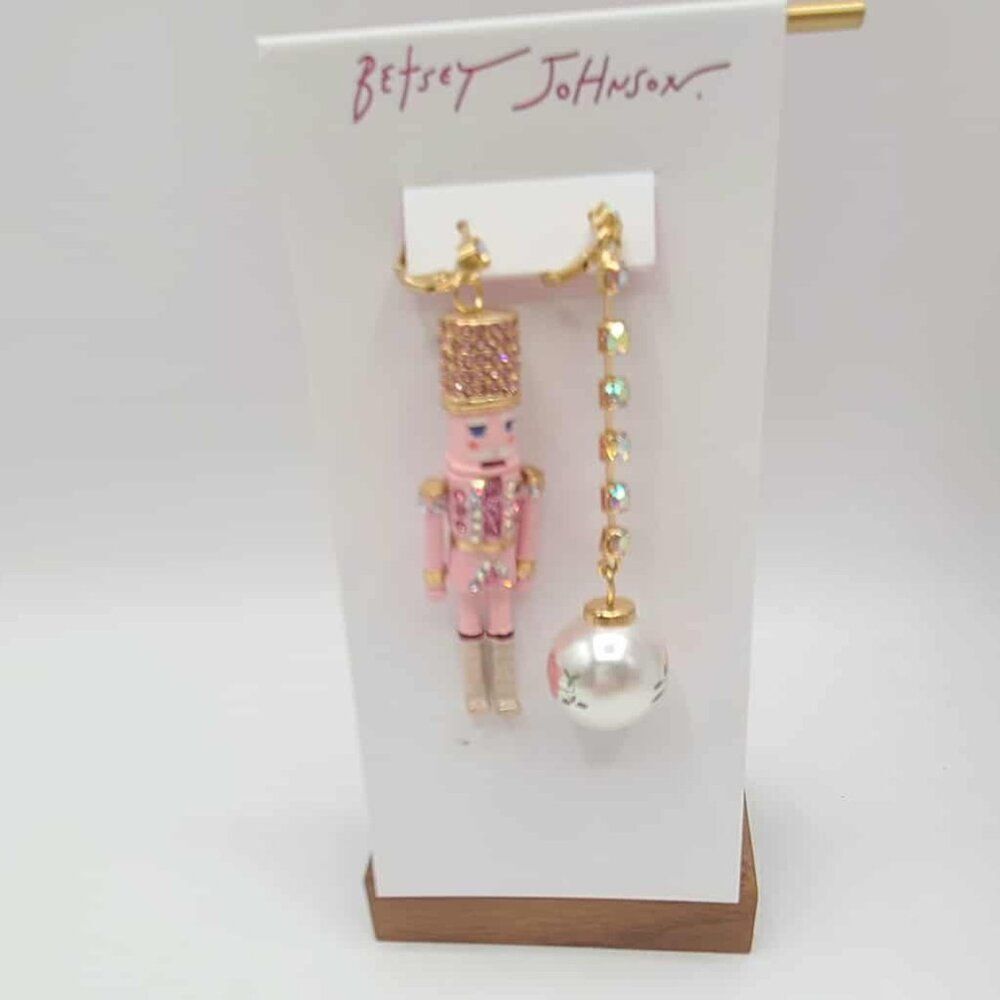 Betsey Johnson Mismatch Nutcracker Pearl Crystal Holiday Earrings NWT Christmas